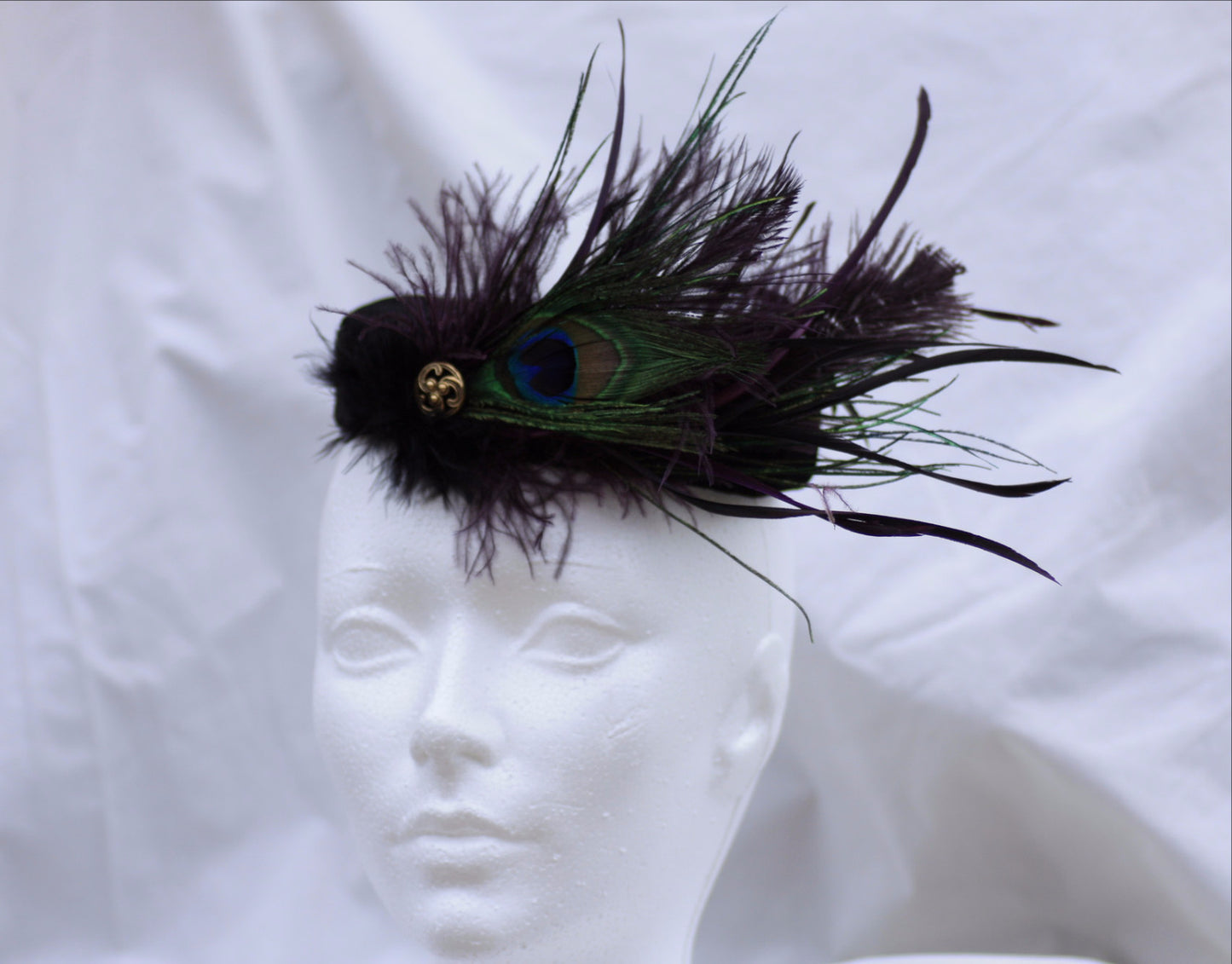 Black Velvet Pillbox Hat with Peacock Feathers