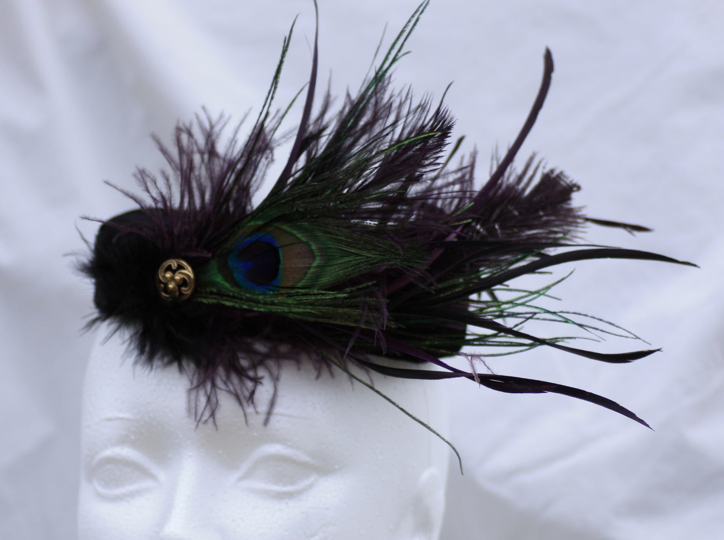 Black Velvet Pillbox Hat with Peacock Feathers