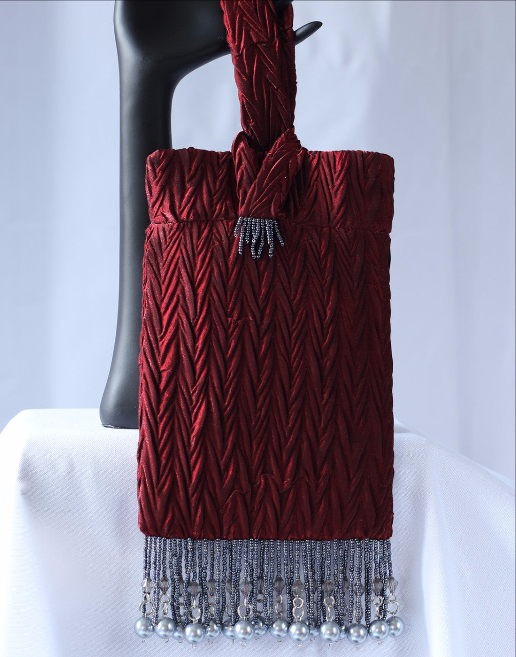 Burgundy Evening Bag with grey lining from Jenny Jag-Wear Design. Hand-crafted beaded fringe in grey pearls and seed beads. The Zara Collection from Jenny Jag-Wear Design